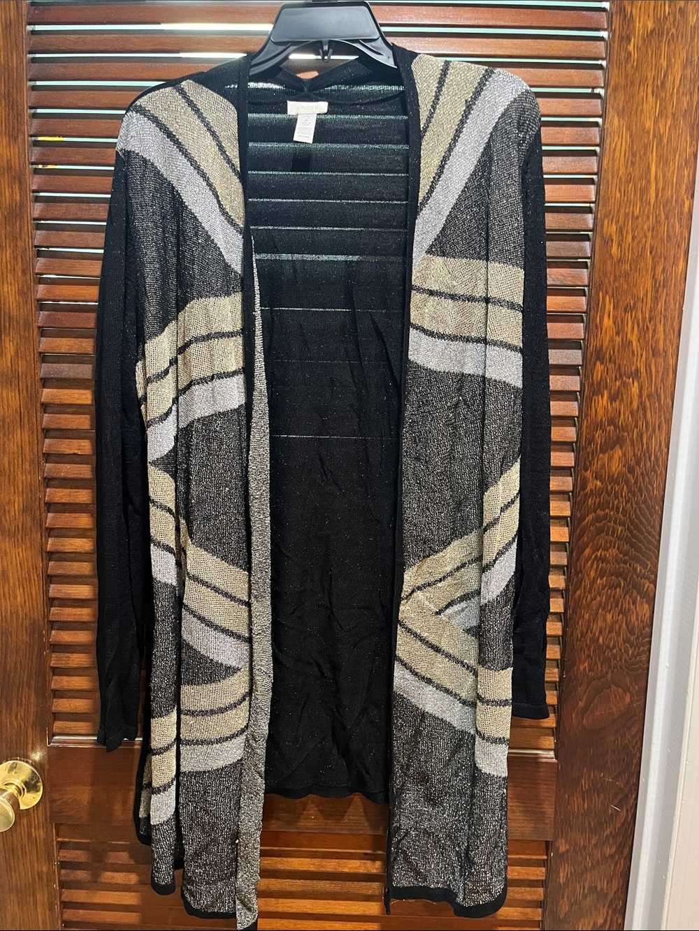 Chico's Black Cardigan with Silver and Gold Metallic Stripes